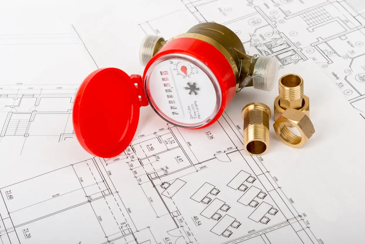 Ein Wasserzähler mit roter Abdeckung, Messingverschraubungen und ein technischer Bauplan für eine Rohrinstallation.